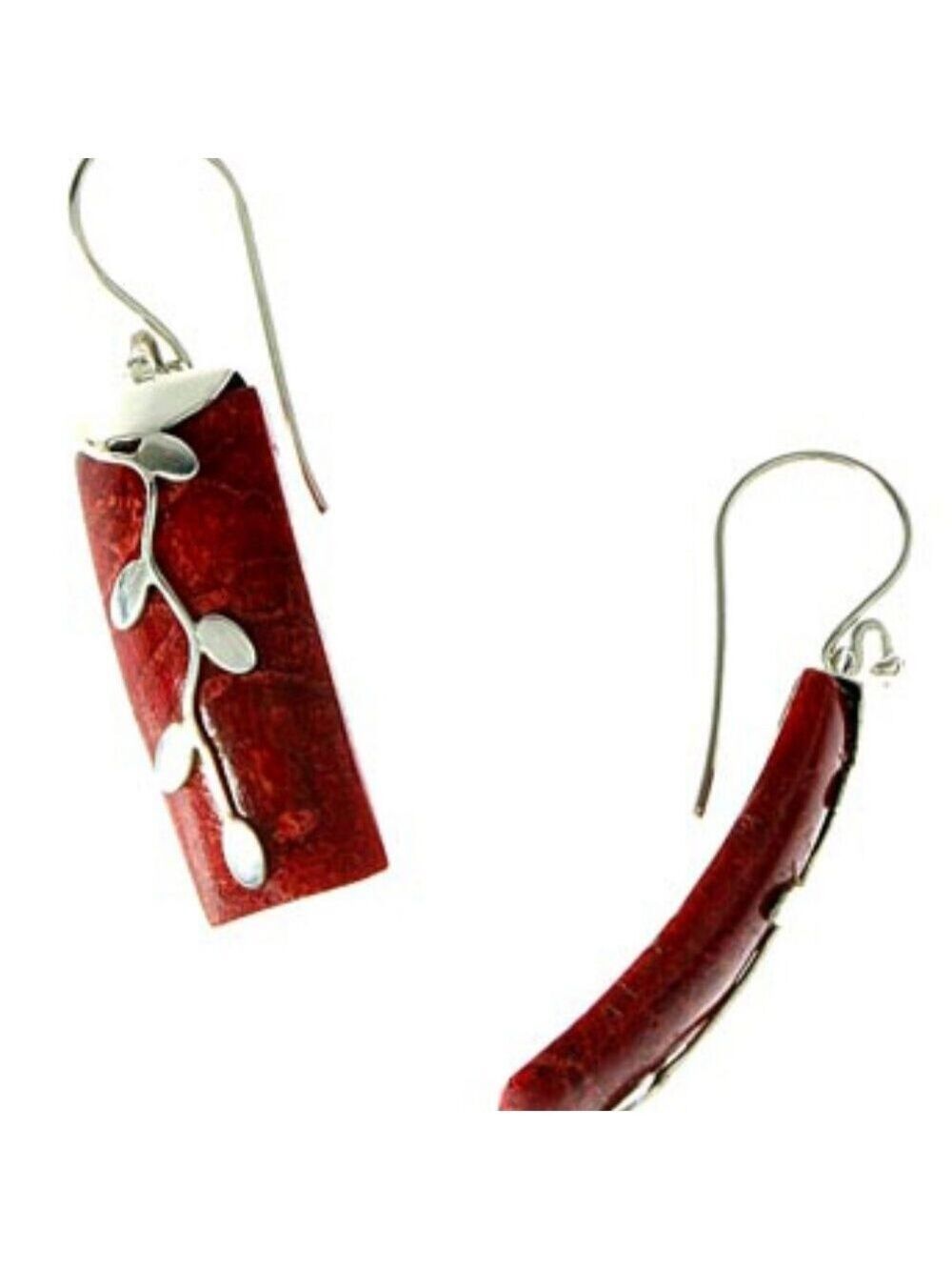 Red Coral 925 Sterling Silver Earrings 1-5/8" from Bali Indonesia